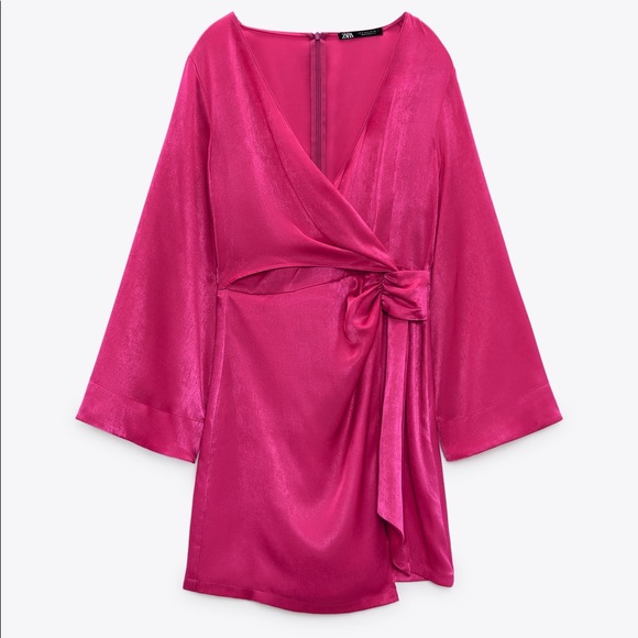 ZARA FUCHSIA SATIN WRAP DRESS - Picture 3 of 4